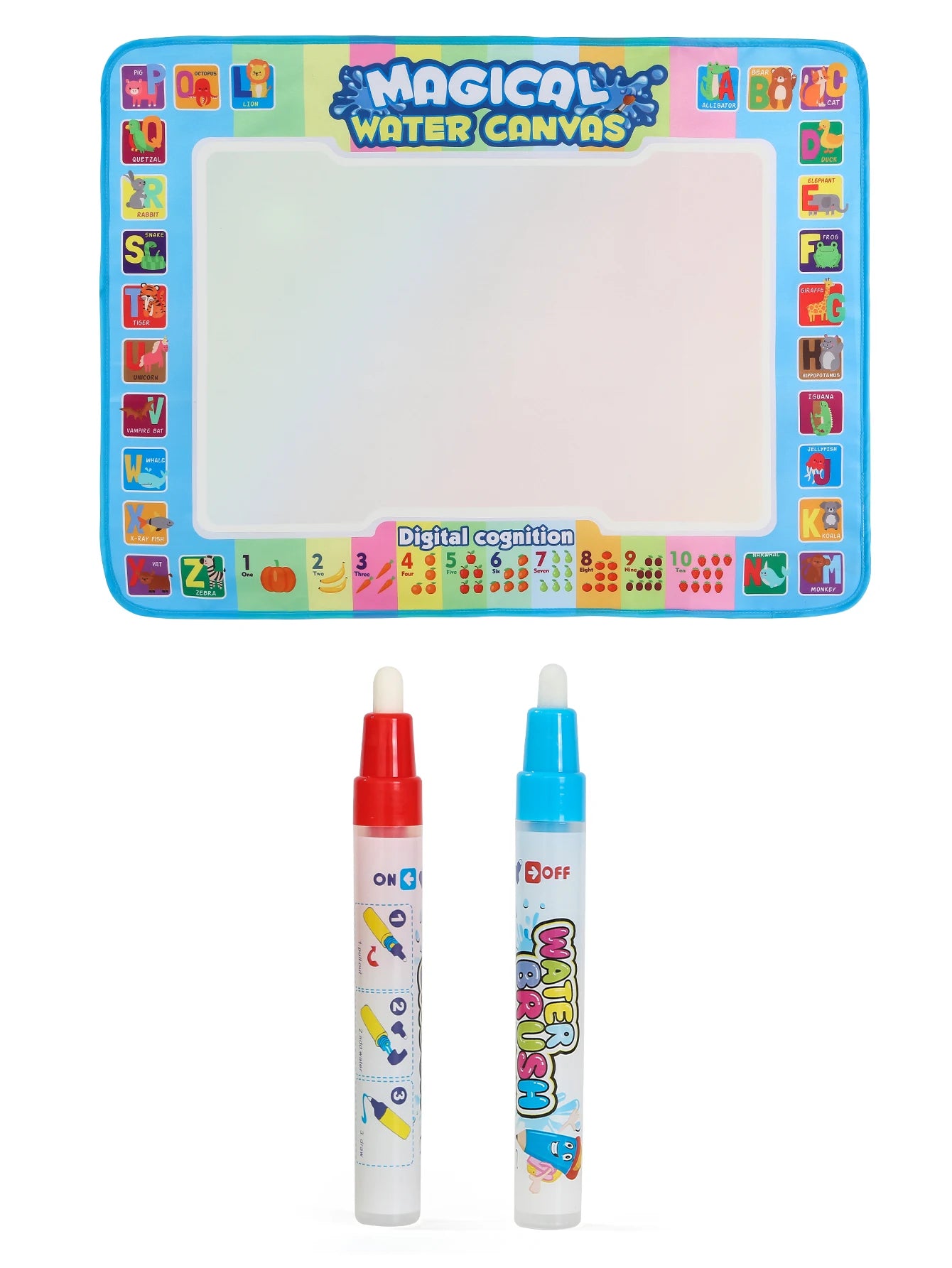Tapis dessin à l’eau magique 80×60 cm | 2 Stylos + 4 Moules | Bordures Éducatives | Zéro Tache | Rose ou Bleu