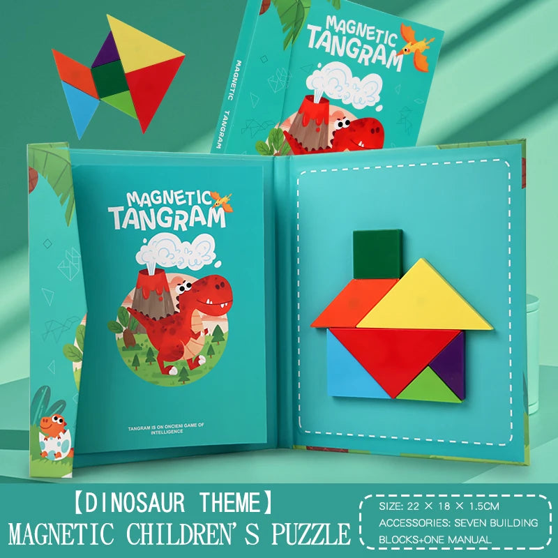 Tangram, Puzzle Magnétique en Bois pour Enfants, livret des dinosaures