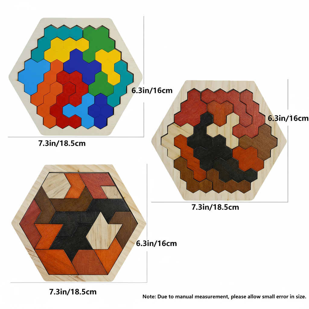 Dimensions puzzle tangram hexagonal 18.5cm x 16cm