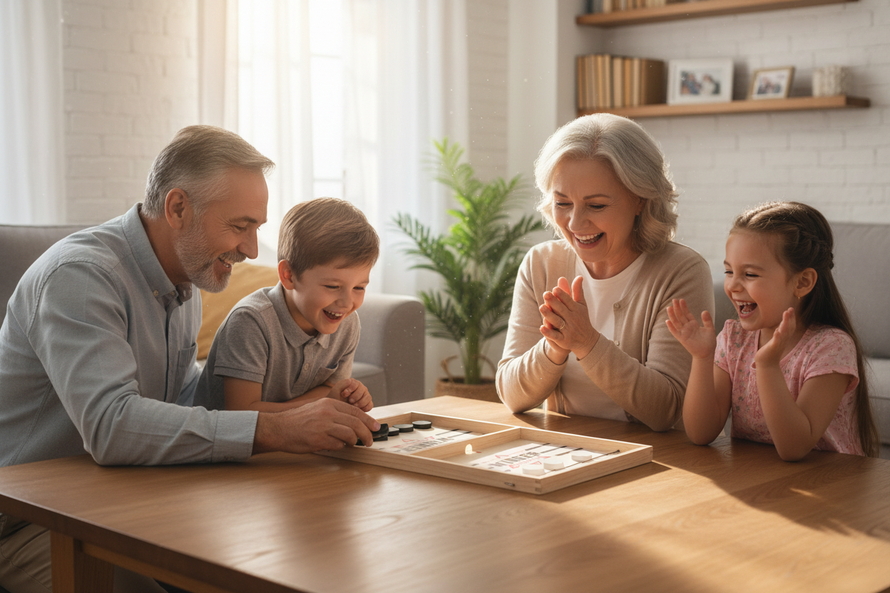 Grands-parents jouant Sling Puck hockey table avec petits-enfants famille