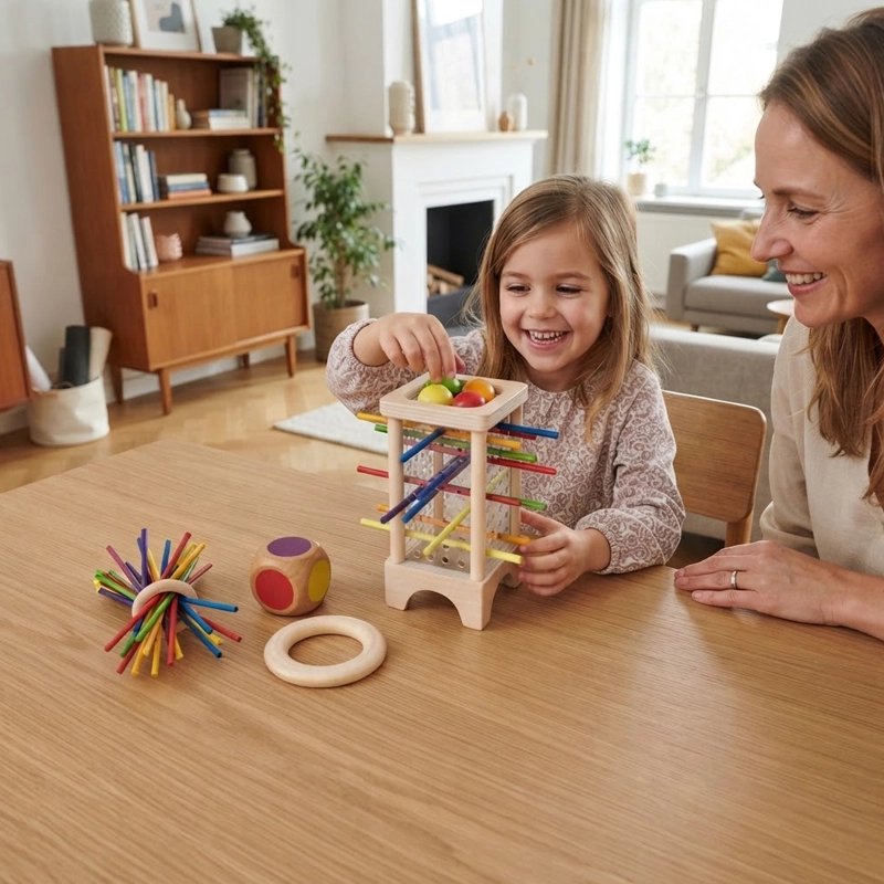 Jouet éducatif en bois 3 en 1 chute de balles et insertion de bâtons