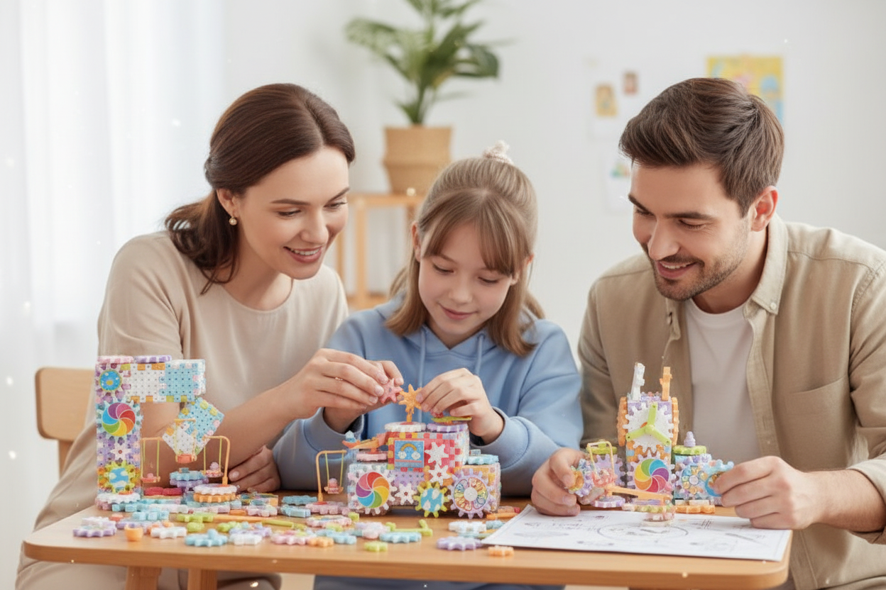 Moments de connexion familiale avec jeux de construction à engrenages