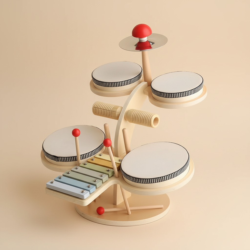 Table musicale Montessori set batterie 4 tambours xylophone - jouet éveil musical bois naturel"