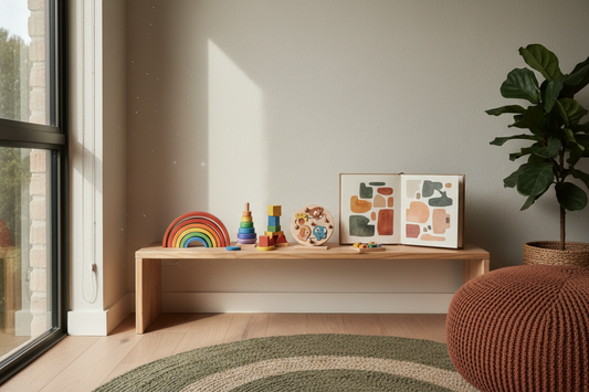 Coin jeu éducatif aménagé dans un salon avec étagère basse en bois et tapis