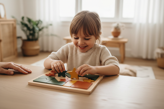enfant souriant jouant à un jeu éducatif en bois à la maison