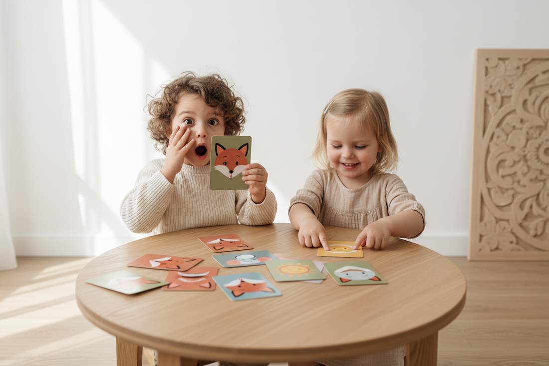 Enfants explorant des cartes d'expressions faciales Montessori