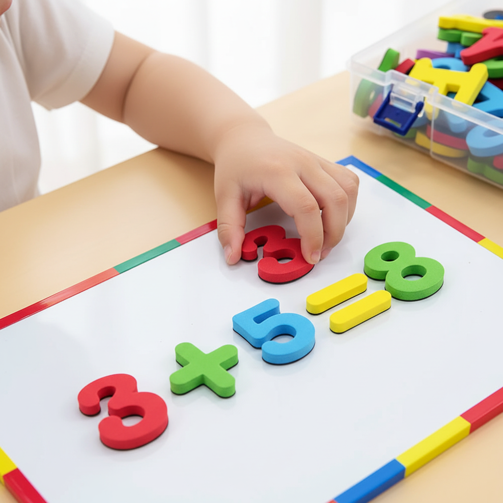 Gros plan sur les mains plaçant des chiffres magnétiques