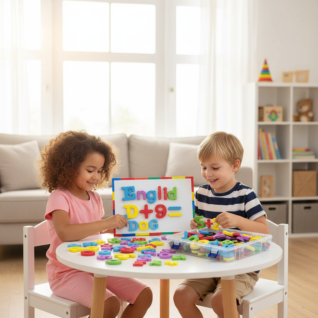 Deux enfants jouant avec lettres et chiffres magnétiques