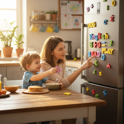 Parent et enfant apprenant ensemble avec les lettres magnétiques