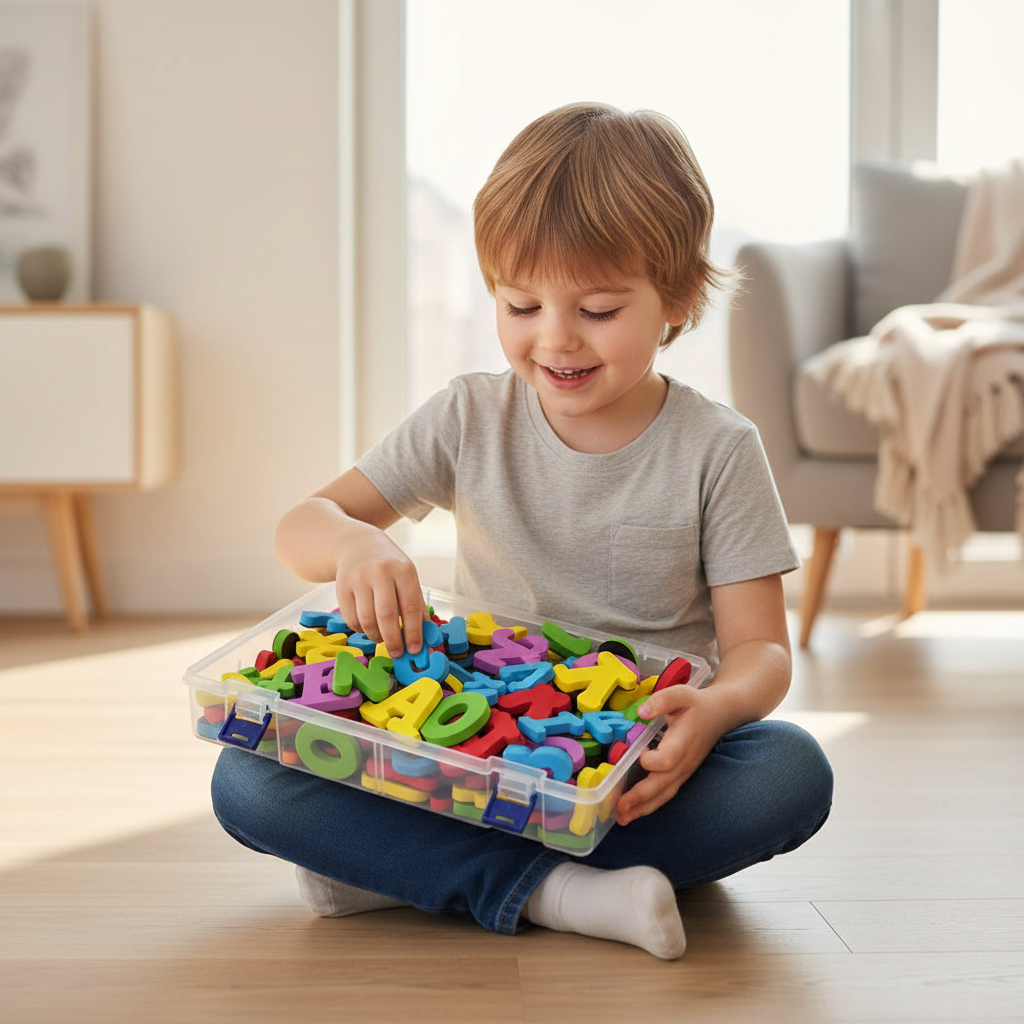 Enfant avec la boîte de rangement transparente
