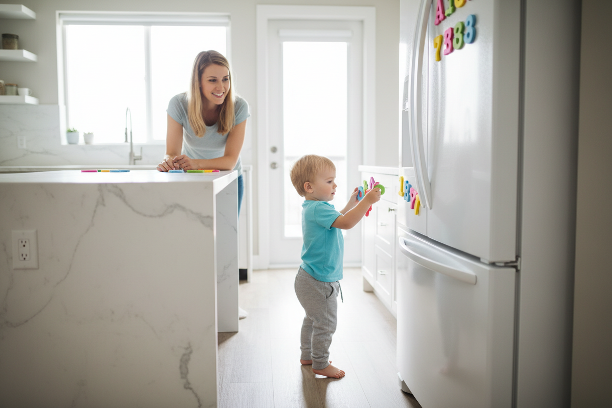 Enfant jouant avec l'alphabet magnétique sur le réfrigérateur avec maman