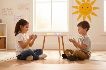Deux enfants avec cubes gel colorés