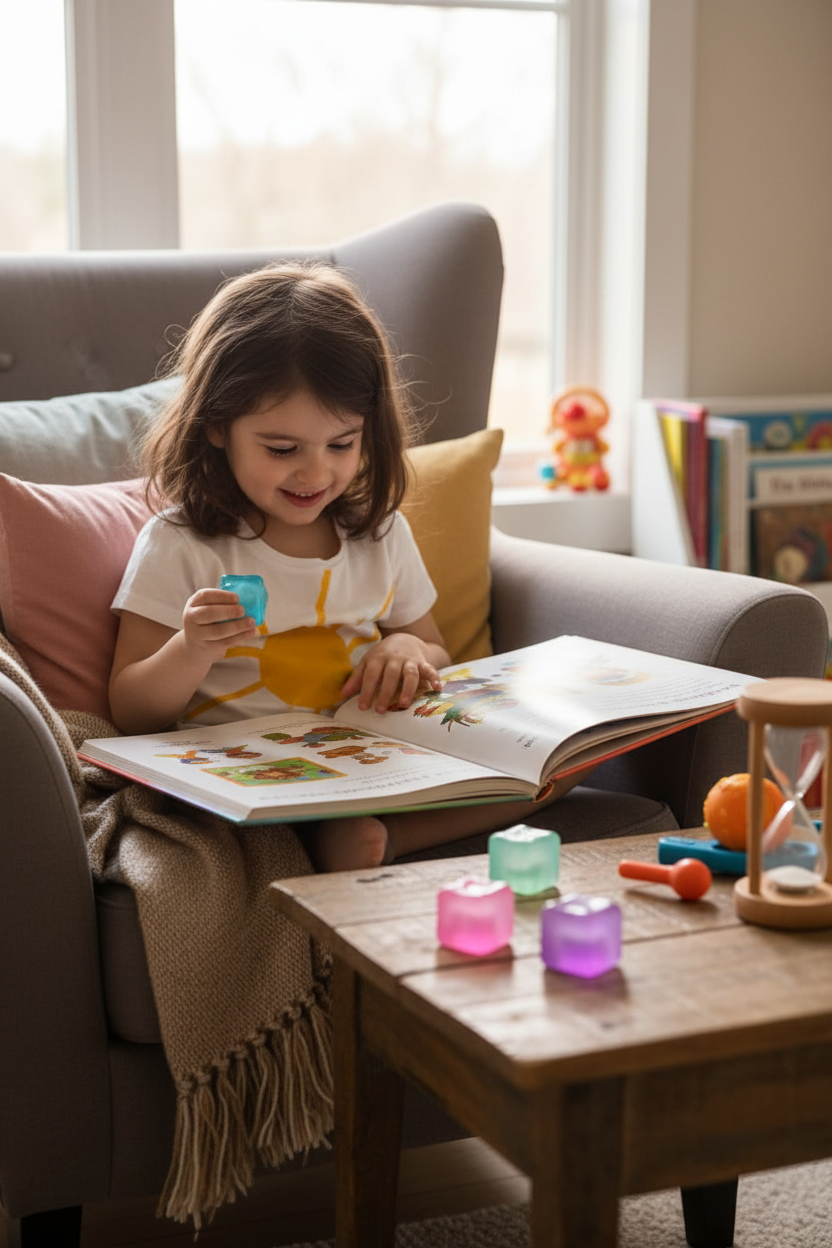 Enfant lisant avec cube gel bleu