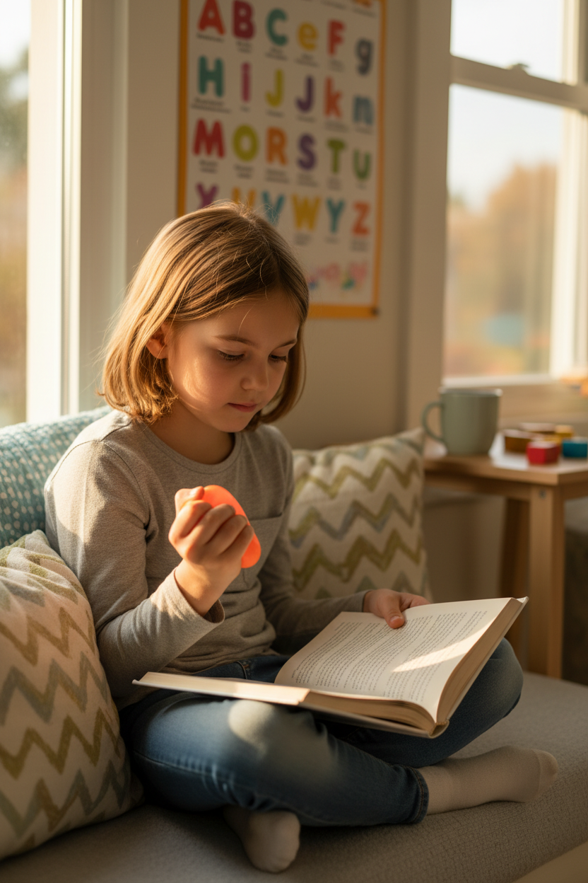 Enfant lisant avec balle anti-stress
