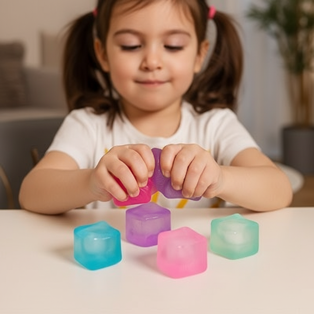 Mains manipulant cubes gel colorés