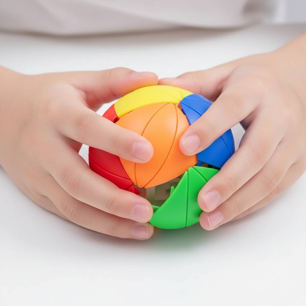 Mains d'enfant développant la coordination avec le puzzle sphérique