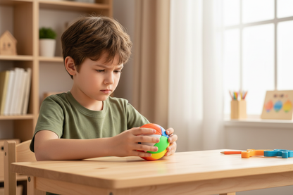 Enfant concentré développant sa logique avec la balle puzzle