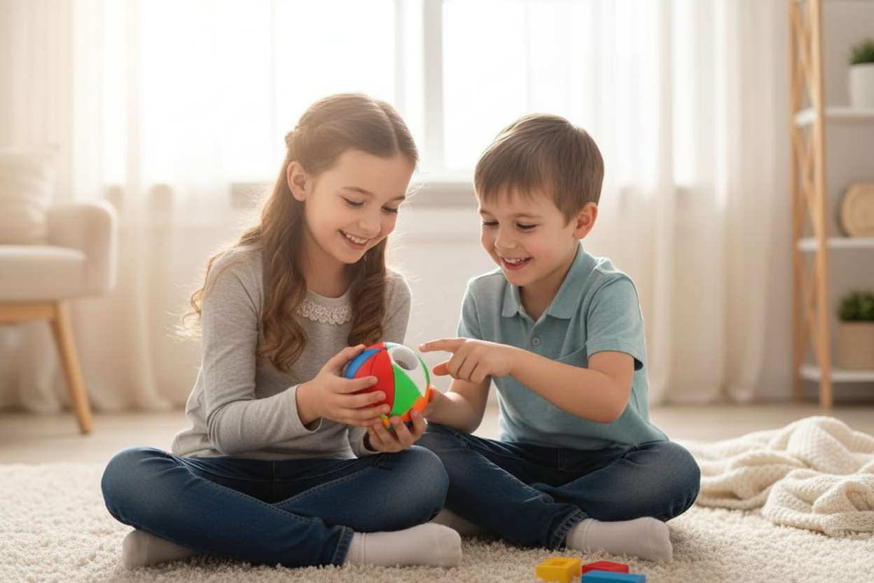 Enfants développant le travail d'équipe avec la balle puzzle
