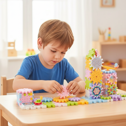 Enfant assemblant les engrenages avec concentration