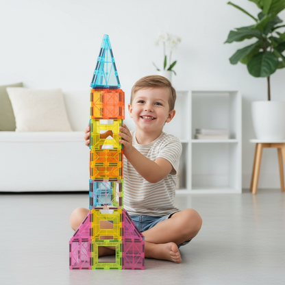 Enfant fier présentant sa fusée magnétique