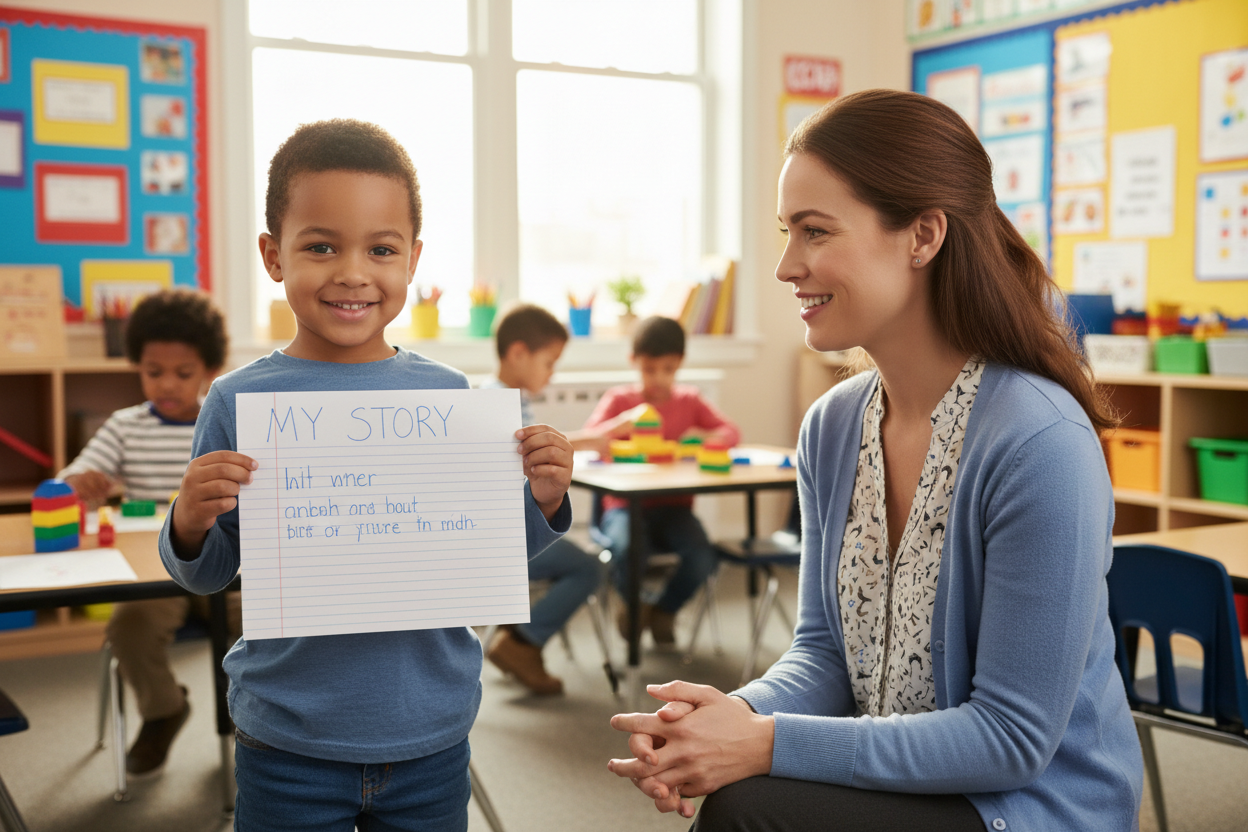 Enfant confiant préparé pour l'école grâce au cahier pour apprendre à écrire