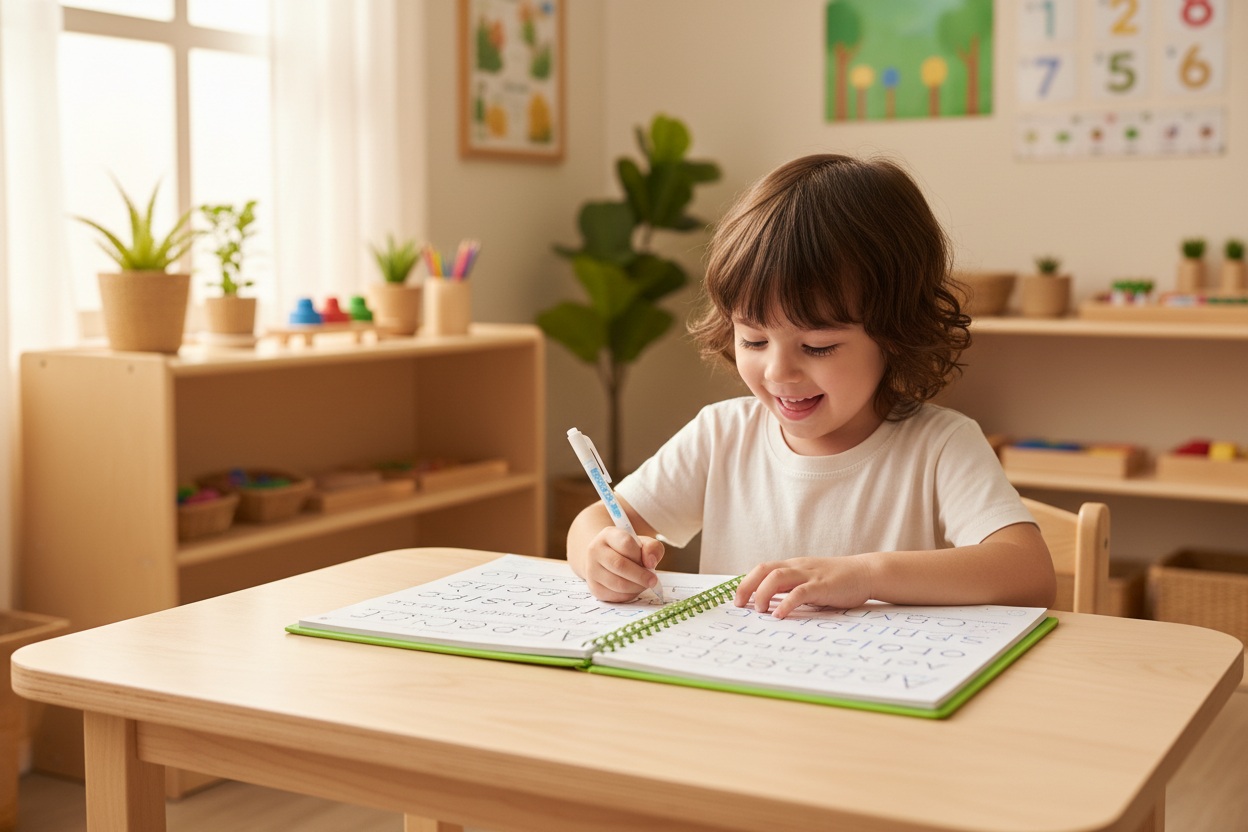 Enfant apprenant à écrire avec le cahier réutilisable Montessori - exercices d'alphabet