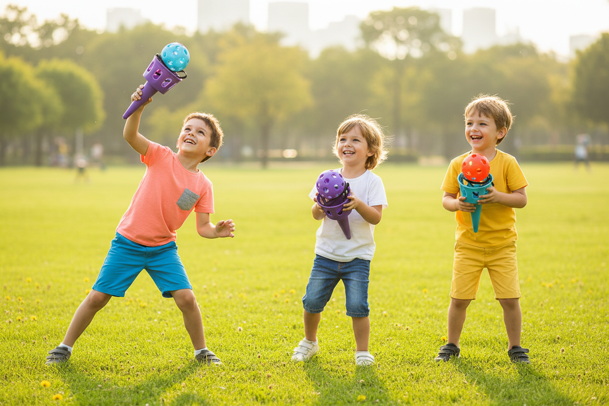 Enfants jouant avec les variantes colorées du jeu d'adresse