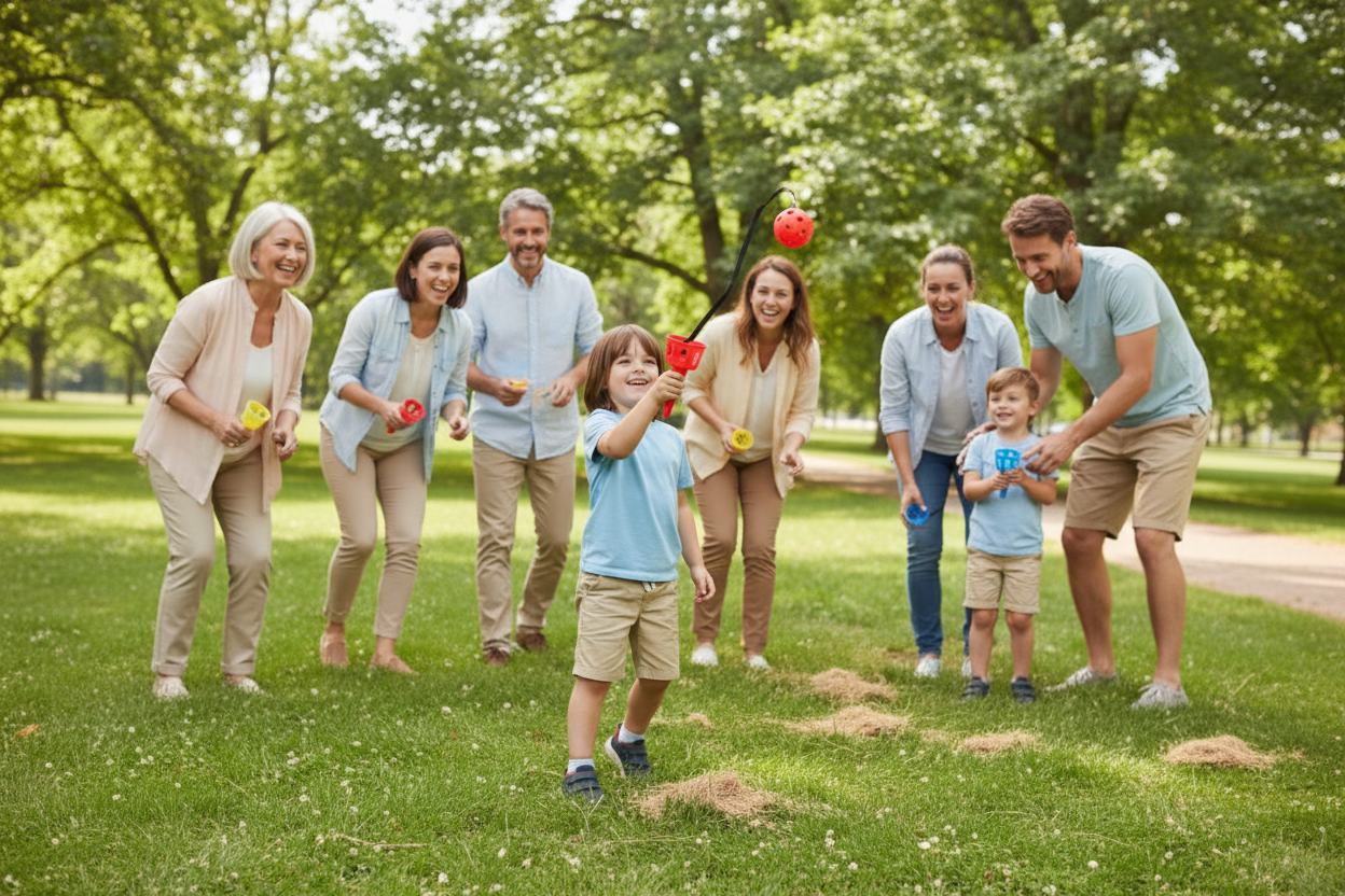 Parents, enfants et amis jouant ensemble au jeu d'adresse