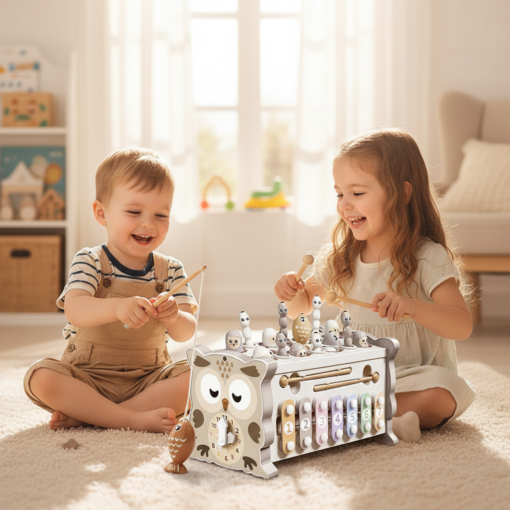 Deux enfants jouant ensemble avec le cube hibou