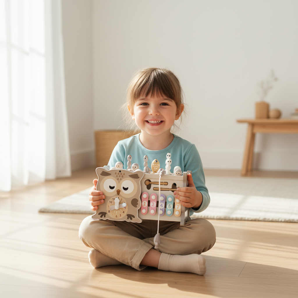 Enfant fier présentant son cube Montessori hibou