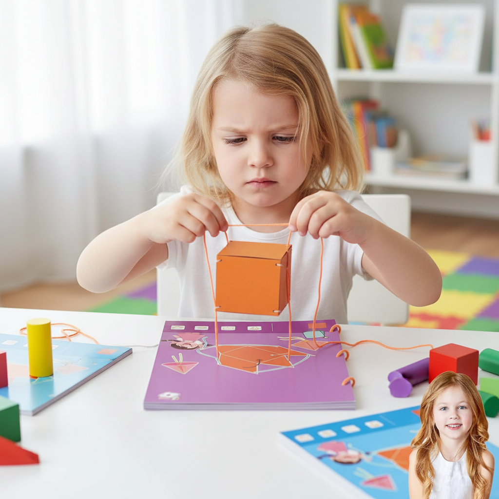 Enfant tirant la ficelle pour former un cube 3D