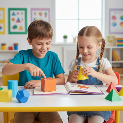 Deux enfants examinant les formes géométriques 3D