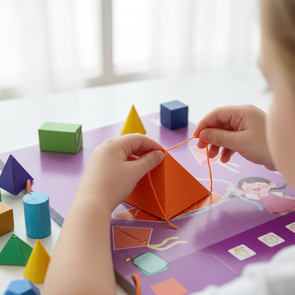 Mains enfilant la ficelle, transforme en formes géométriques