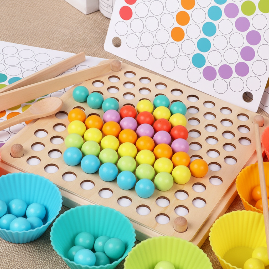 Détail qualité bois naturel et perles colorées Montessori premium