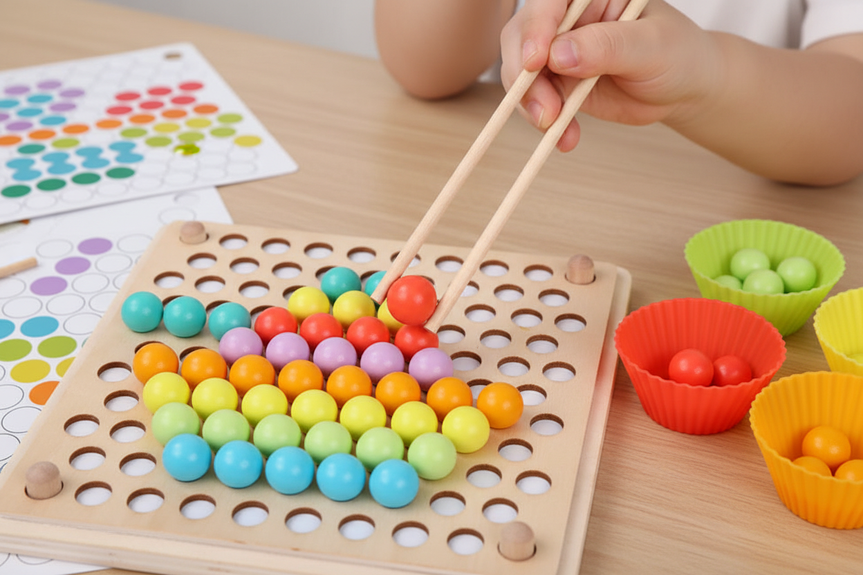 Enfant utilisant baguettes pour développer motricité fine avec perles Montessori