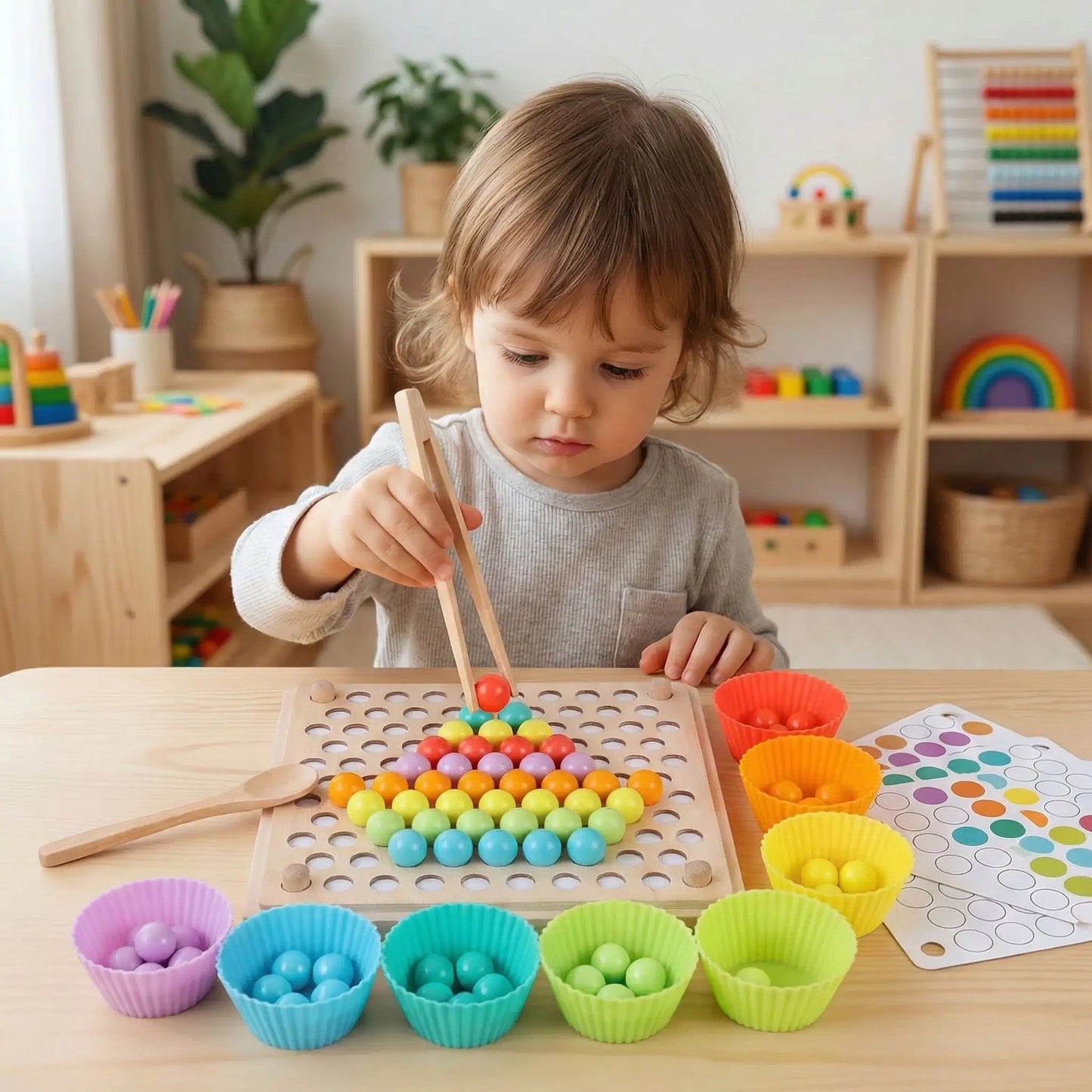 Enfant profondément concentré utilisant la pince pour trier les perles colorées 