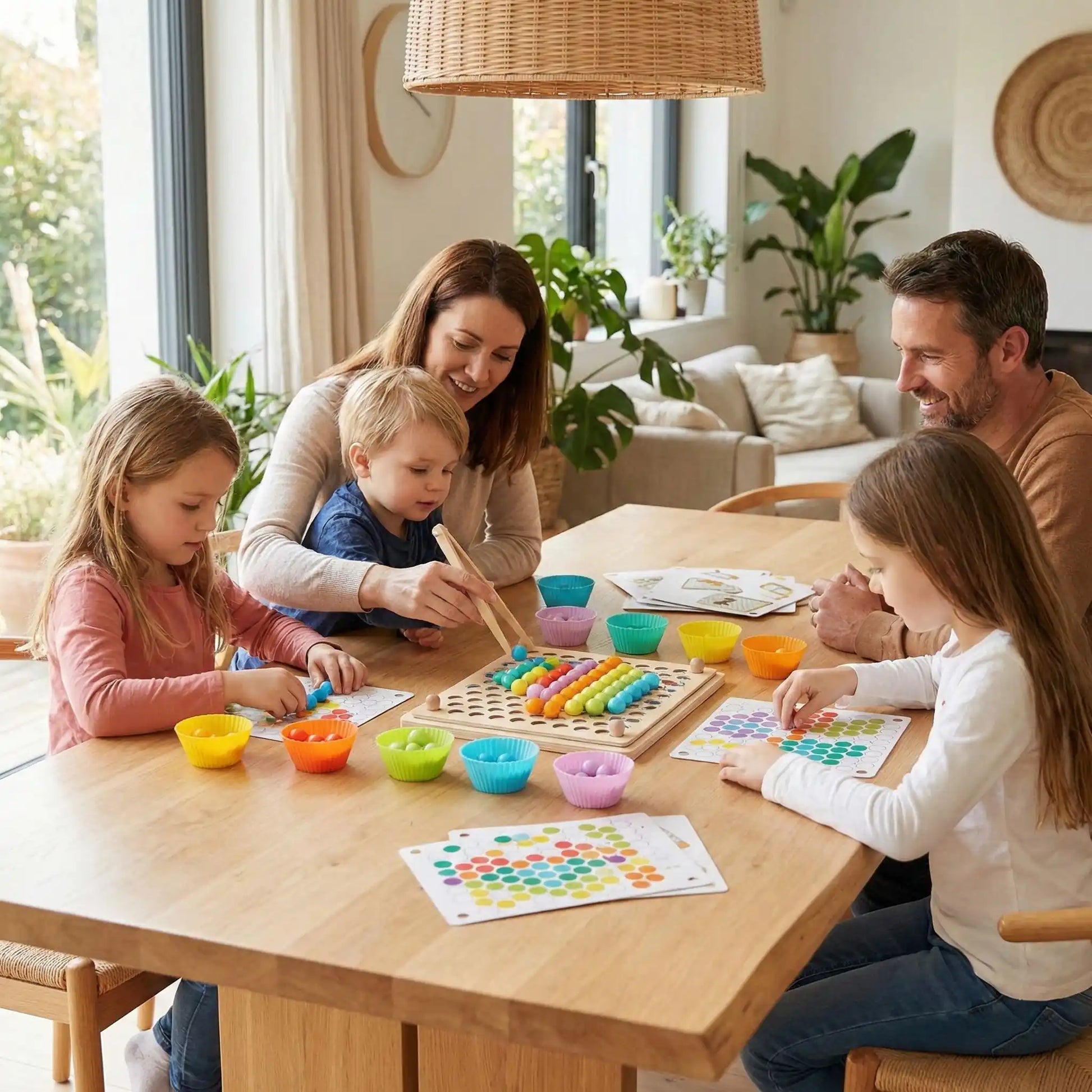 Scène éducative montrant les cartes à motifs avec designs de points colorés