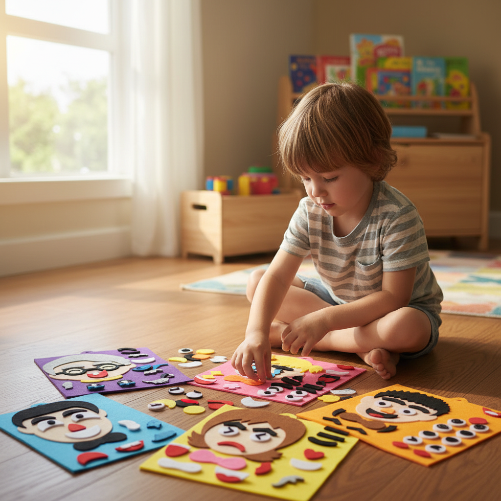 Enfant jouant avec les 6 plateaux émotions