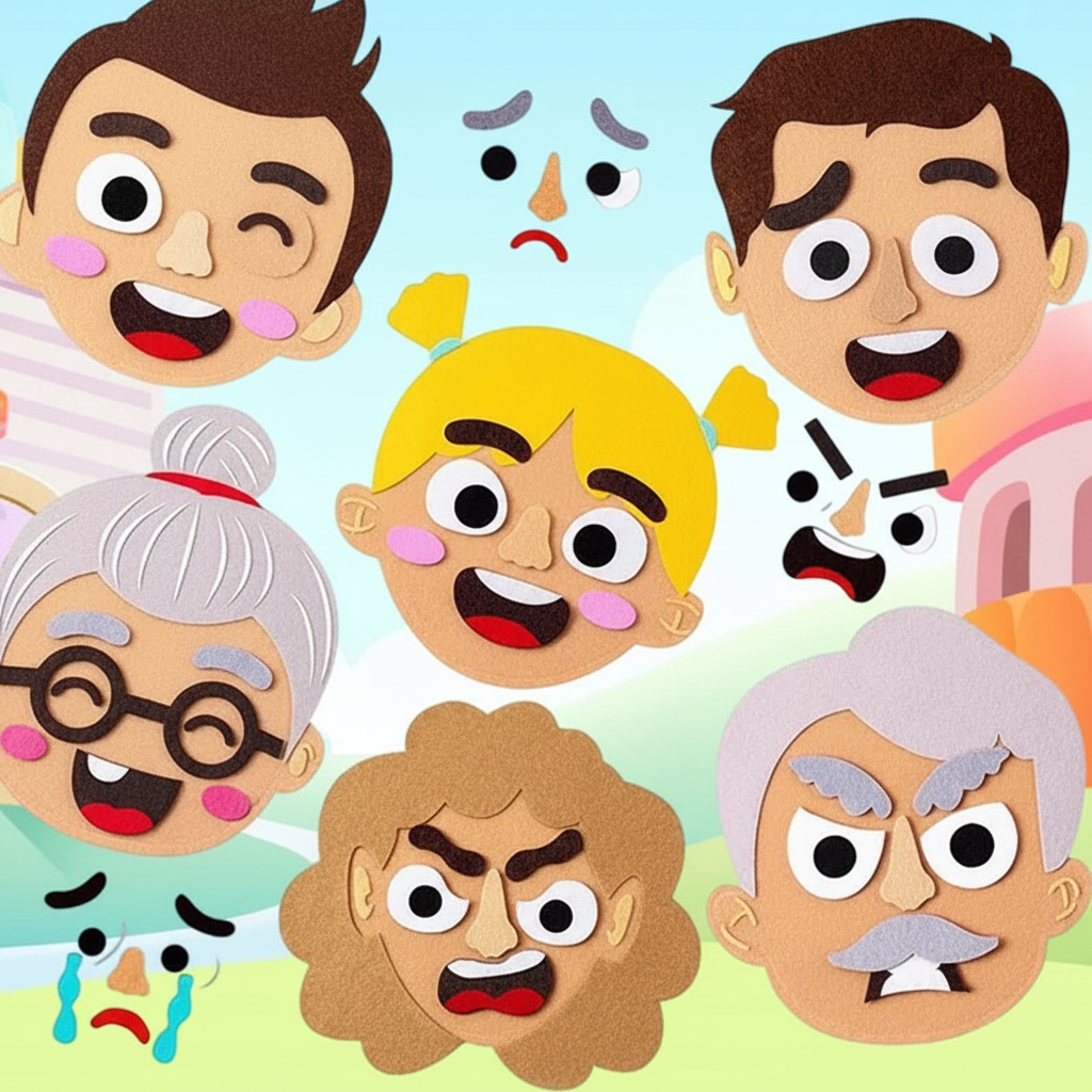 Six visages feutrine montrant émotions variées