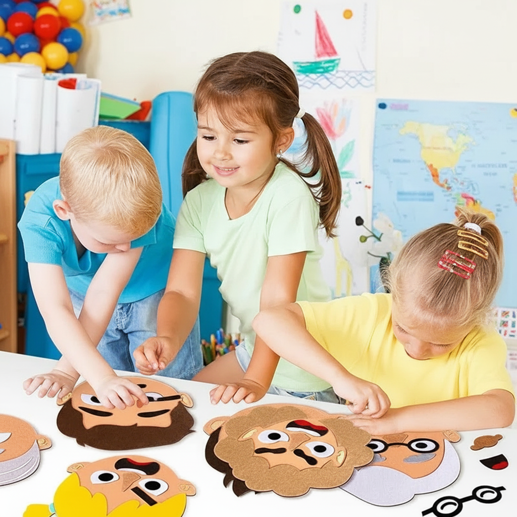 Trois enfants jouant avec visages feutrine 