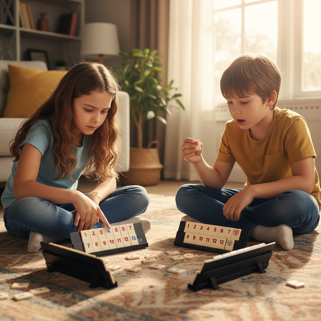 Enfants 8 ans jouant Rummy - développement stratégie mémoire concentration jeu éducatif