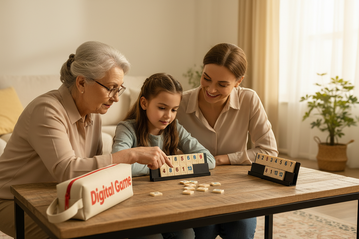 Trois générations jouant Rummy Game - transmission familiale jeu société intergénérationnel