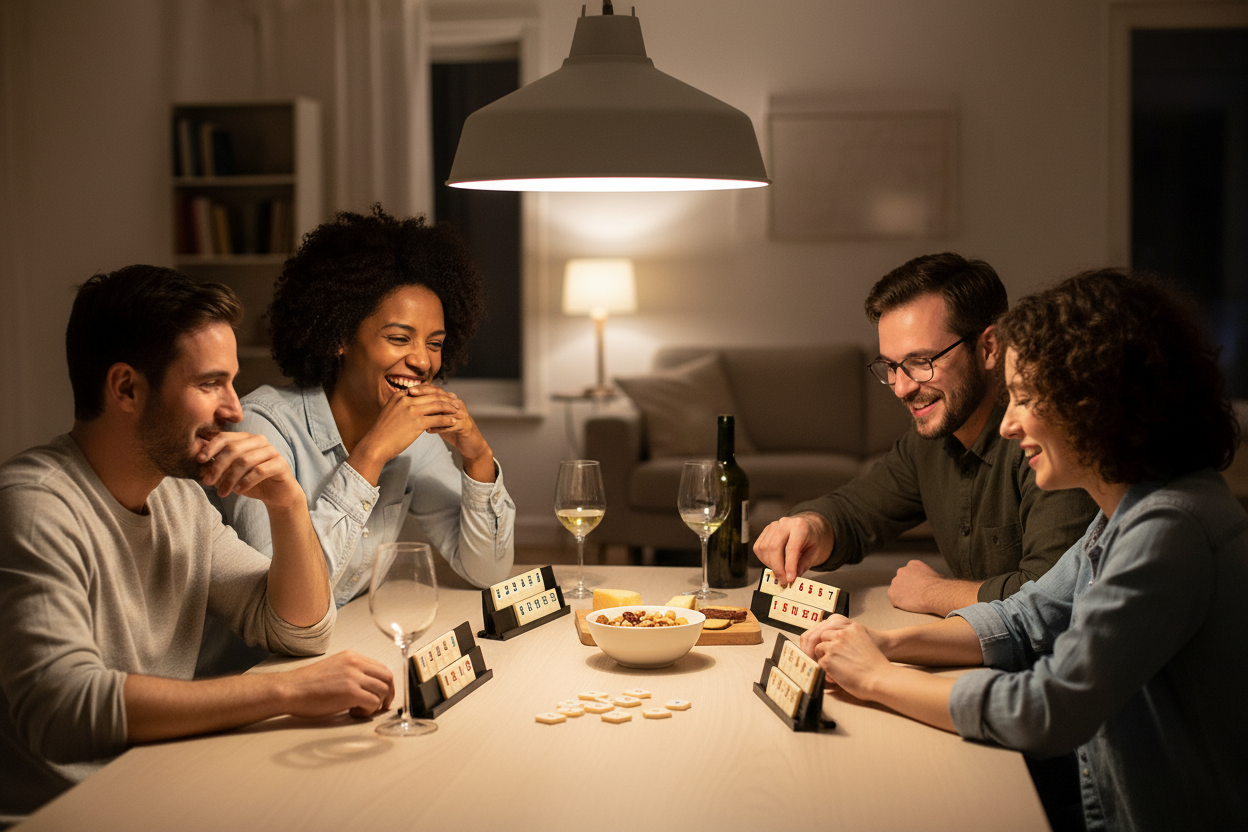 Amis adultes jouant Rummy Game soirée - jeu société convivial stratégie entre amis"