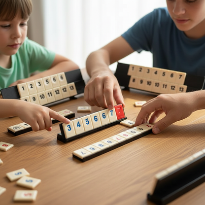 Mains plaçant tuiles Rummy - jeu stratégie développement cognitif famille