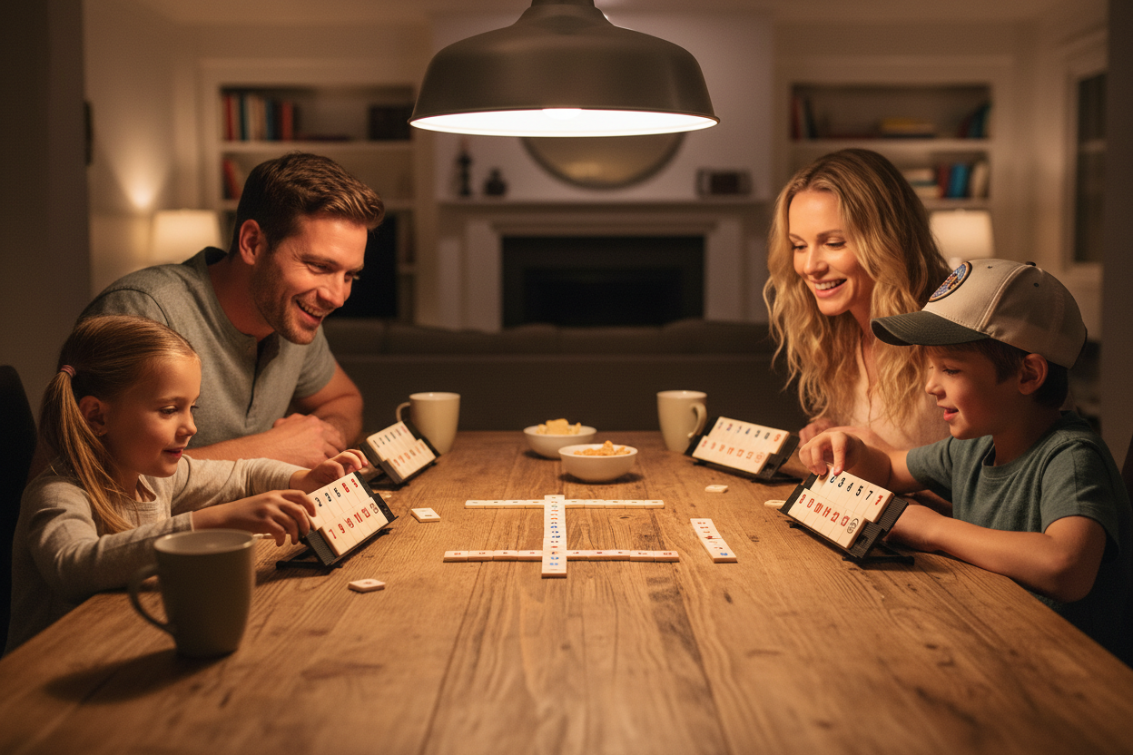 Famille jouant Rummy Game ensemble - jeu société renforcement liens familiaux soirée