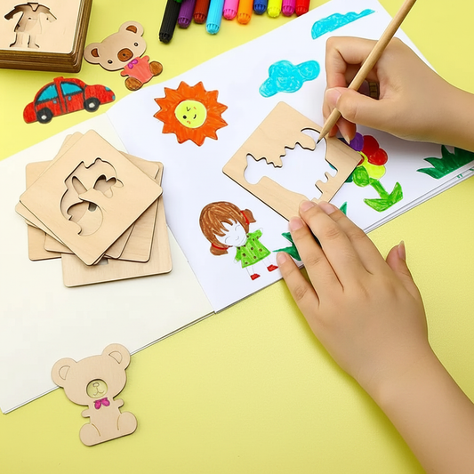Pochoirs dessin, coffrets bois 3–6 ans 