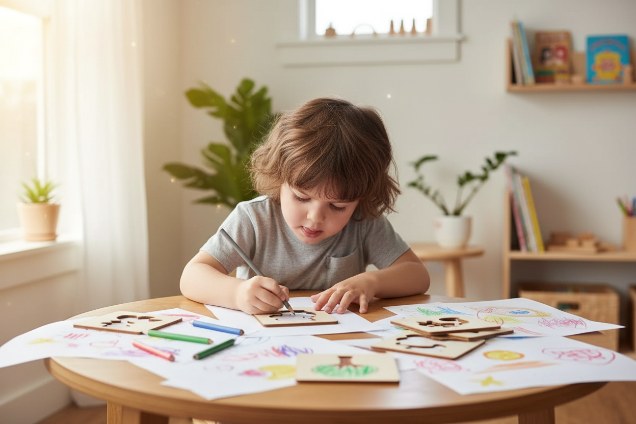 Gabarits bois tracés formes pédagogie Montessori à la maison