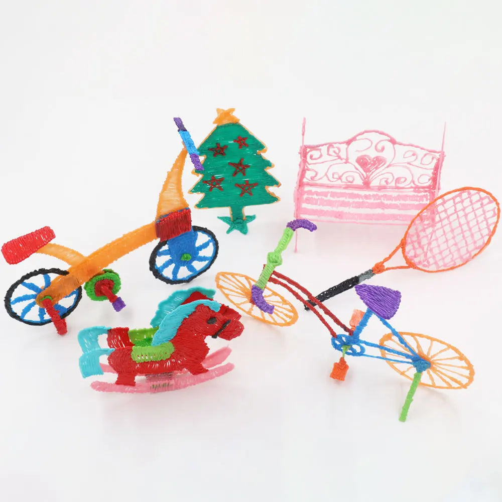 créations 3D réalisées avec stylo impression PLA - cheval bascule vélo sapin banc raquette - jouet dessin 3D ados