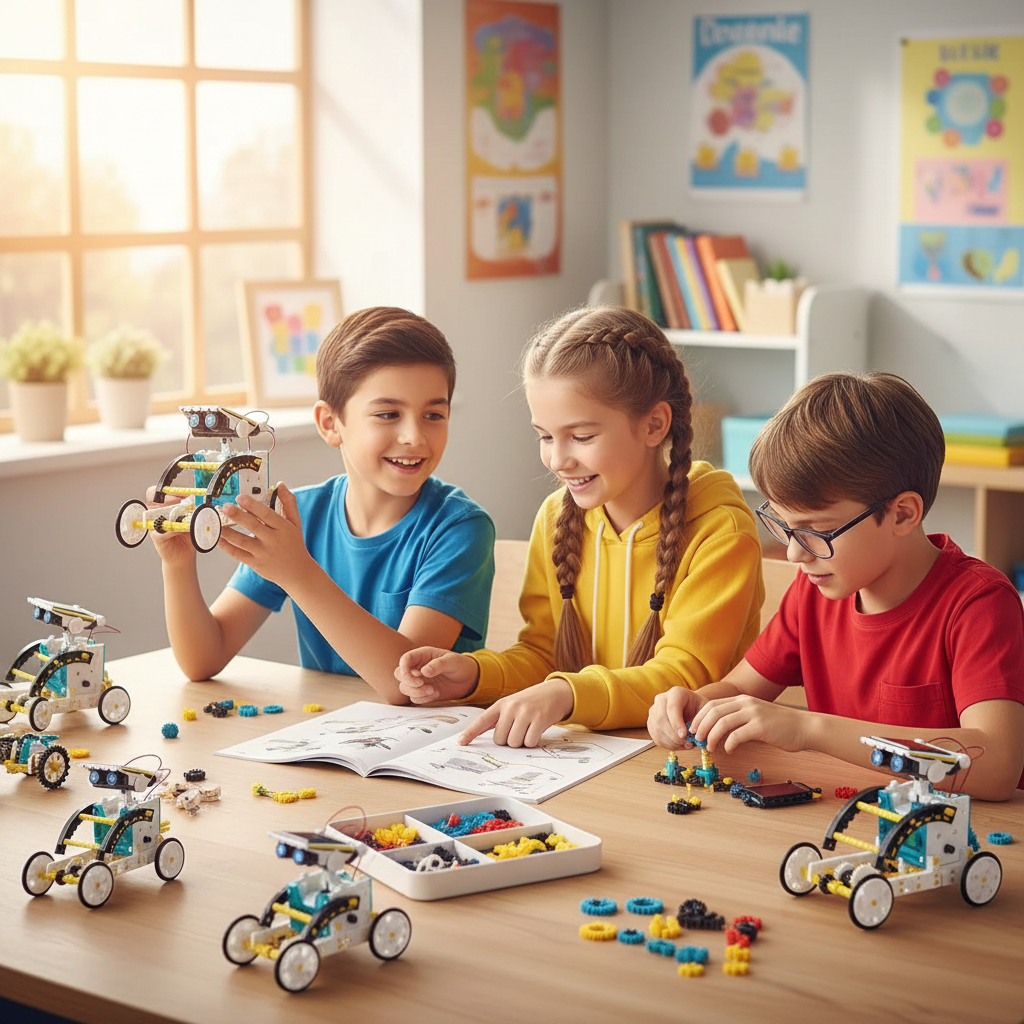 Trois enfants construisant ensemble les robots