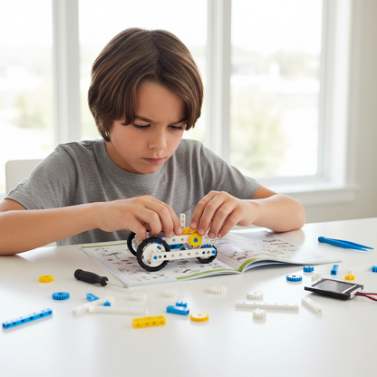 Enfant analysant le manuel et assemblant avec logique